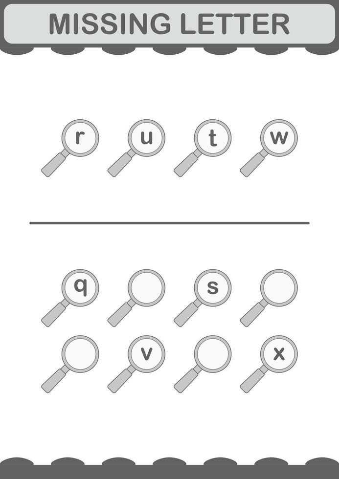 Missing letter with Magnifying Glass. Worksheet for kids vector
