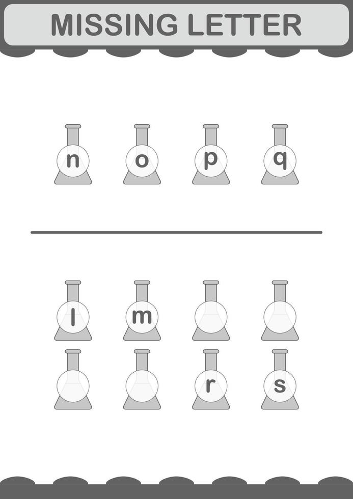 Missing letter with Erlenmeyer Flask. Worksheet for kids vector