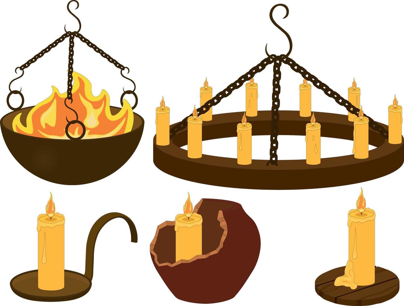 Medieval tavern interior fire stands and coasters collection vector illustration