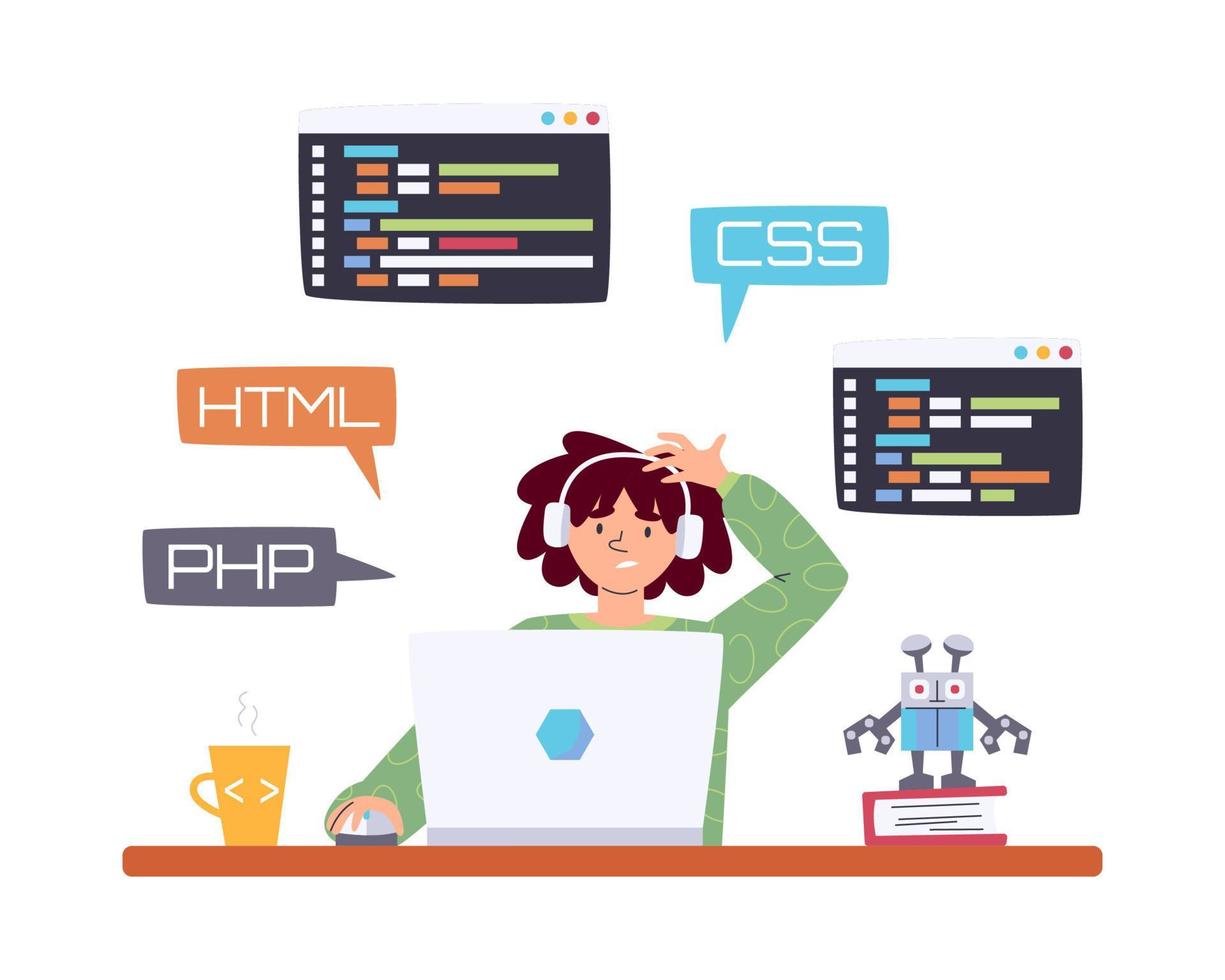 Thoughtful male teenager online learning coding at home. Boy studying web development. Programming and robotics classes, informatics lessons for children. Kids coding vector illustration