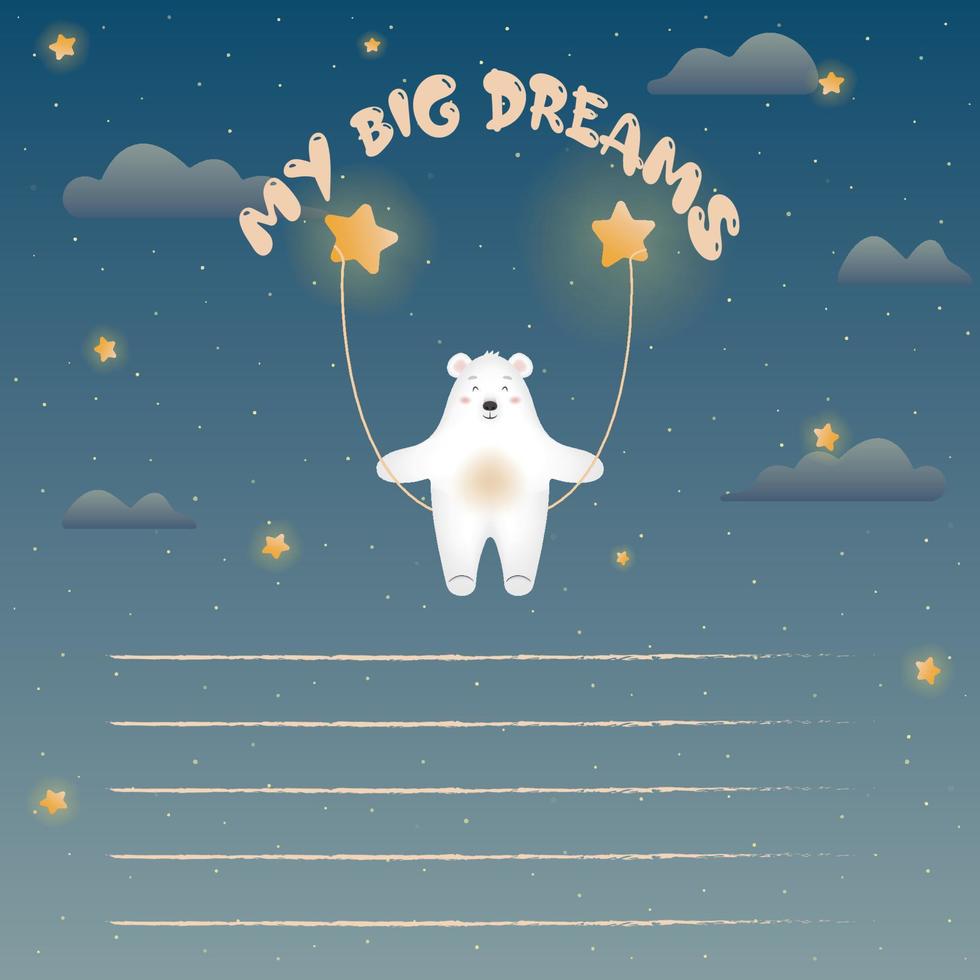 mis grandes sueños para los niños. cielo estrellado mágico con lindo oso polar en un columpio. espacio exterior. ilustración vectorial vector