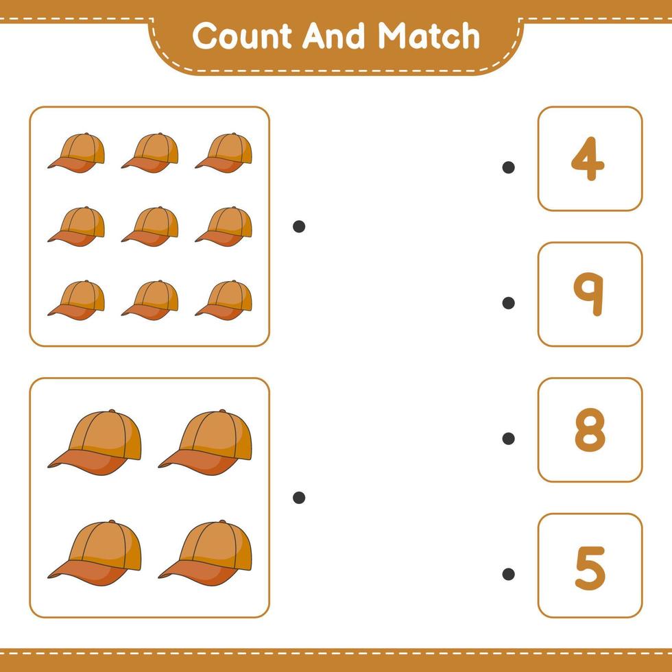 Count and match, count the number of Cap Hat and match with the right numbers. Educational children game, printable worksheet, vector illustration