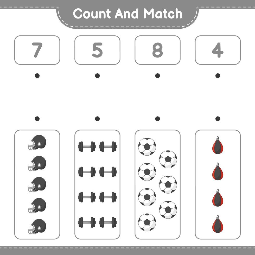 Count and match, count the number of Soccer Ball, Football Helmet, Dumbbell, Punching Bag and match with the right numbers. Educational children game, printable worksheet, vector illustration