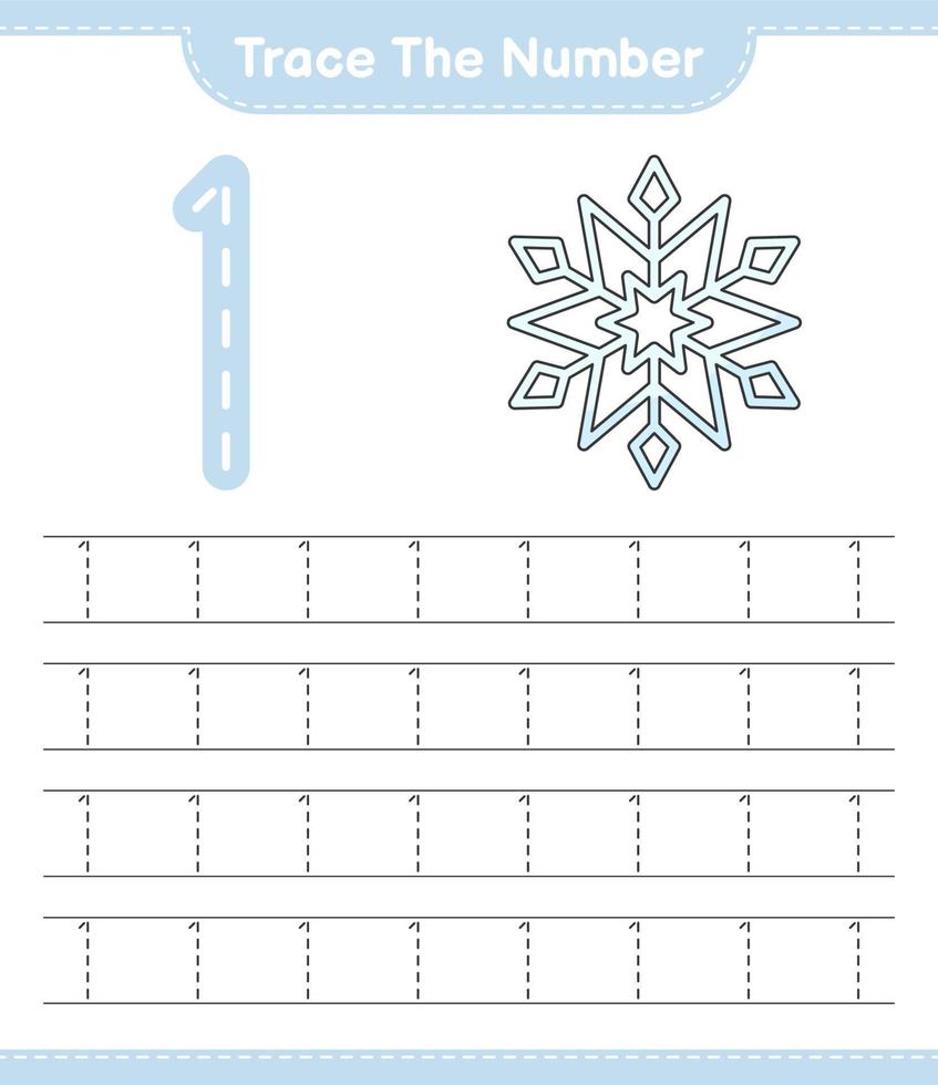 Trace the number. Tracing number with Snowflake. Educational children game, printable worksheet, vector illustration