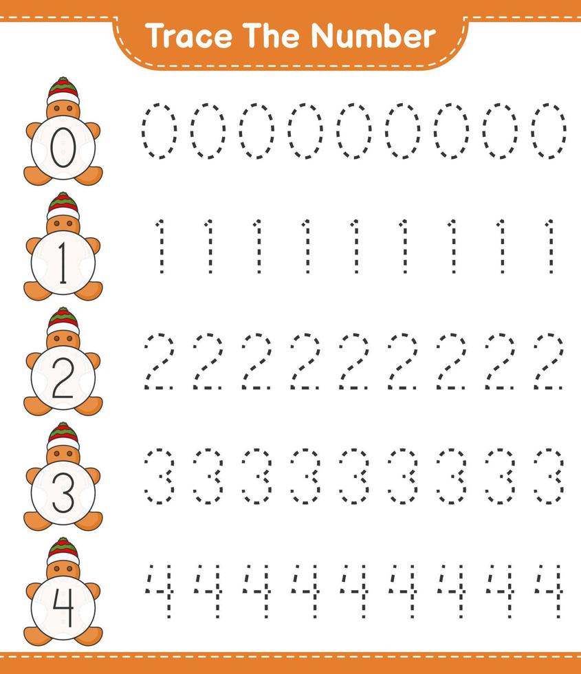 Trace the number. Tracing number with Gingerbread Man. Educational children game, printable worksheet, vector illustration