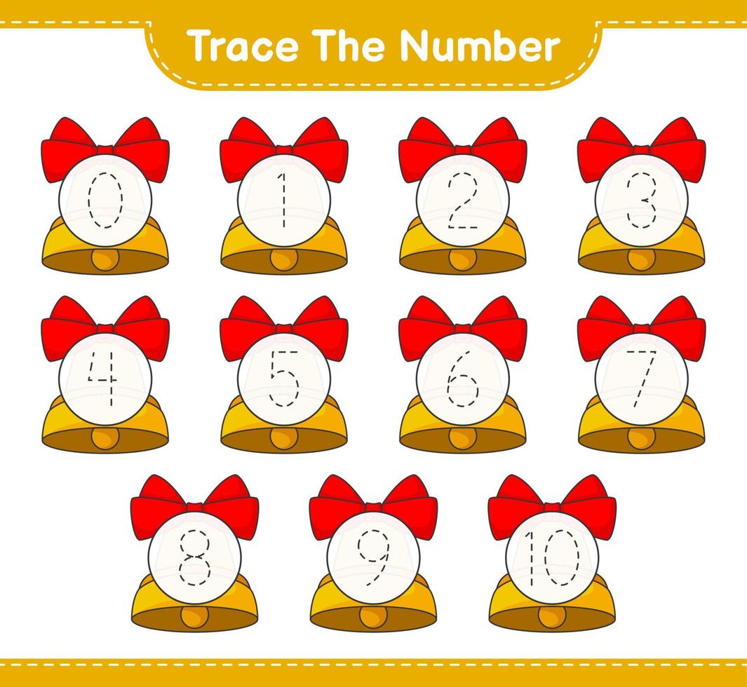 Trace the number. Tracing number with Christmas Bell. Educational children game, printable worksheet, vector illustration