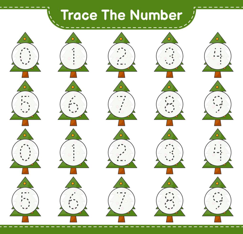 Trace the number. Tracing number with Christmas Tree. Educational children game, printable worksheet, vector illustration