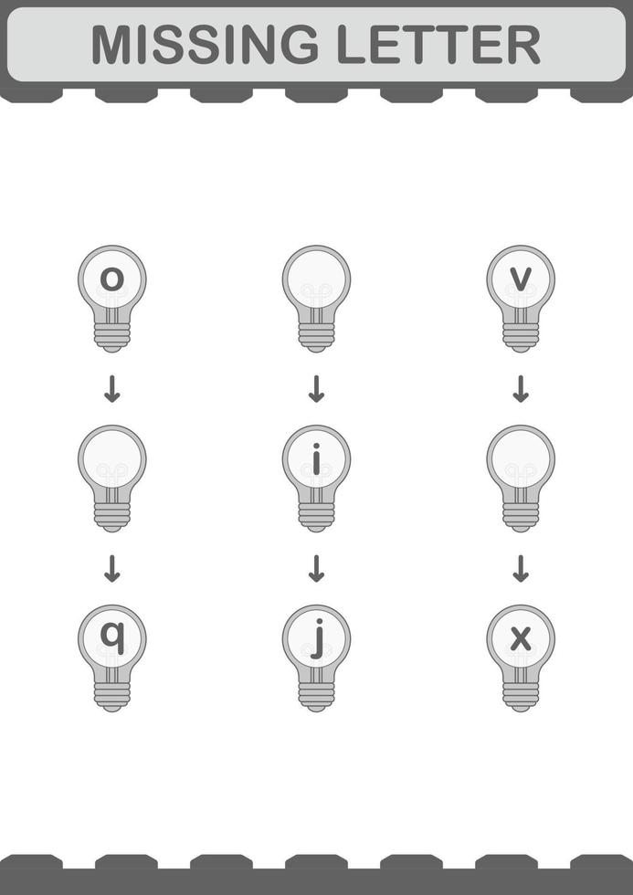 Missing letter with Bulb. Worksheet for kids vector