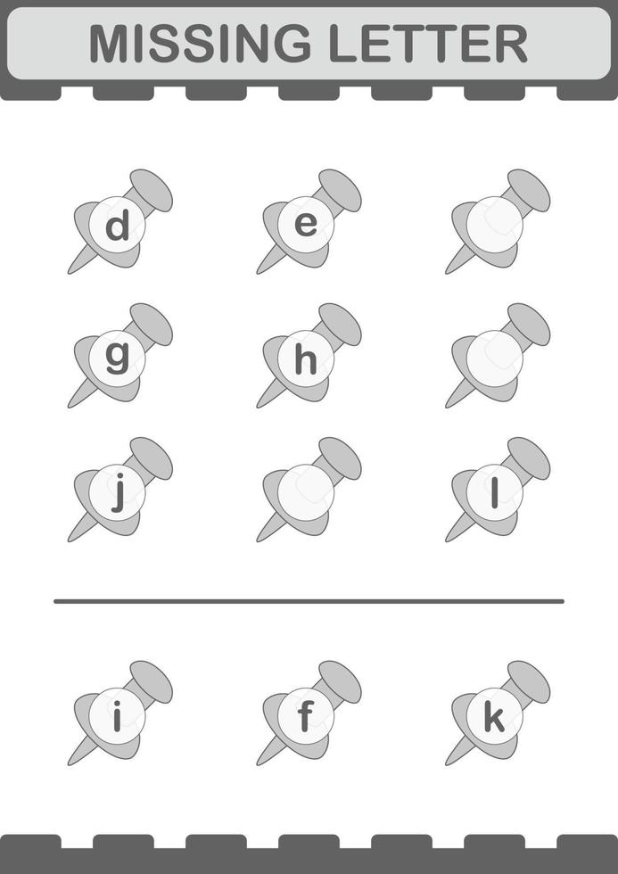 Missing letter with Push Pin. Worksheet for kids vector