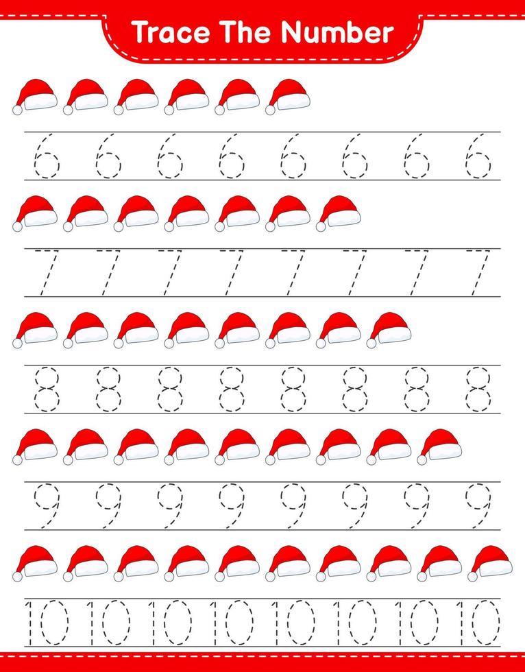 Trace the number. Tracing number with Santa Hat. Educational children game, printable worksheet, vector illustration