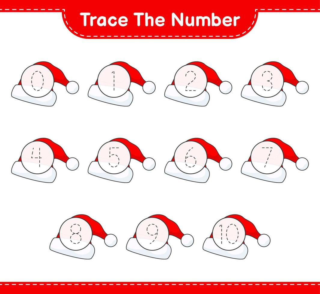 Trace the number. Tracing number with Santa Hat. Educational children game, printable worksheet, vector illustration