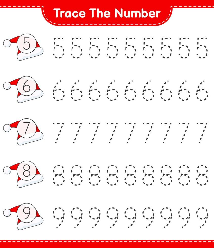 Trace the number. Tracing number with Santa Hat. Educational children game, printable worksheet, vector illustration