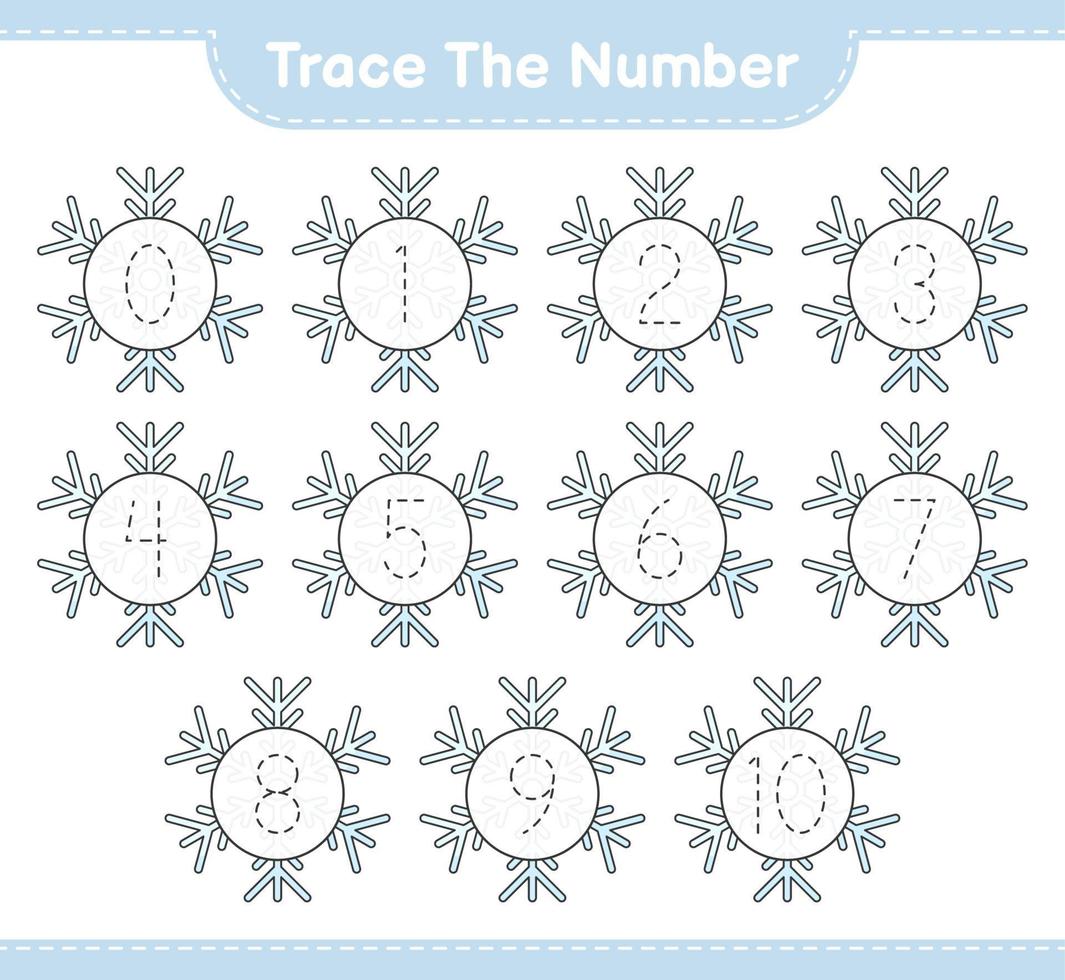 Trace the number. Tracing number with Snowflake. Educational children game, printable worksheet, vector illustration