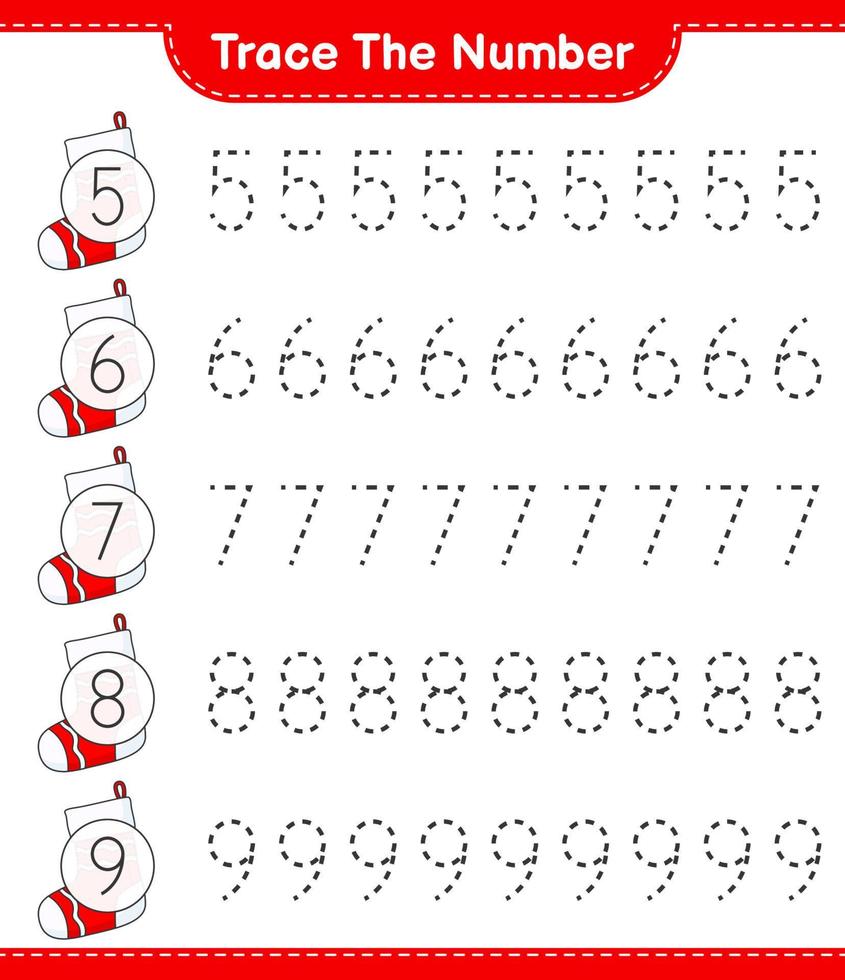 Trace the number. Tracing number with Christmas Sock. Educational children game, printable worksheet, vector illustration