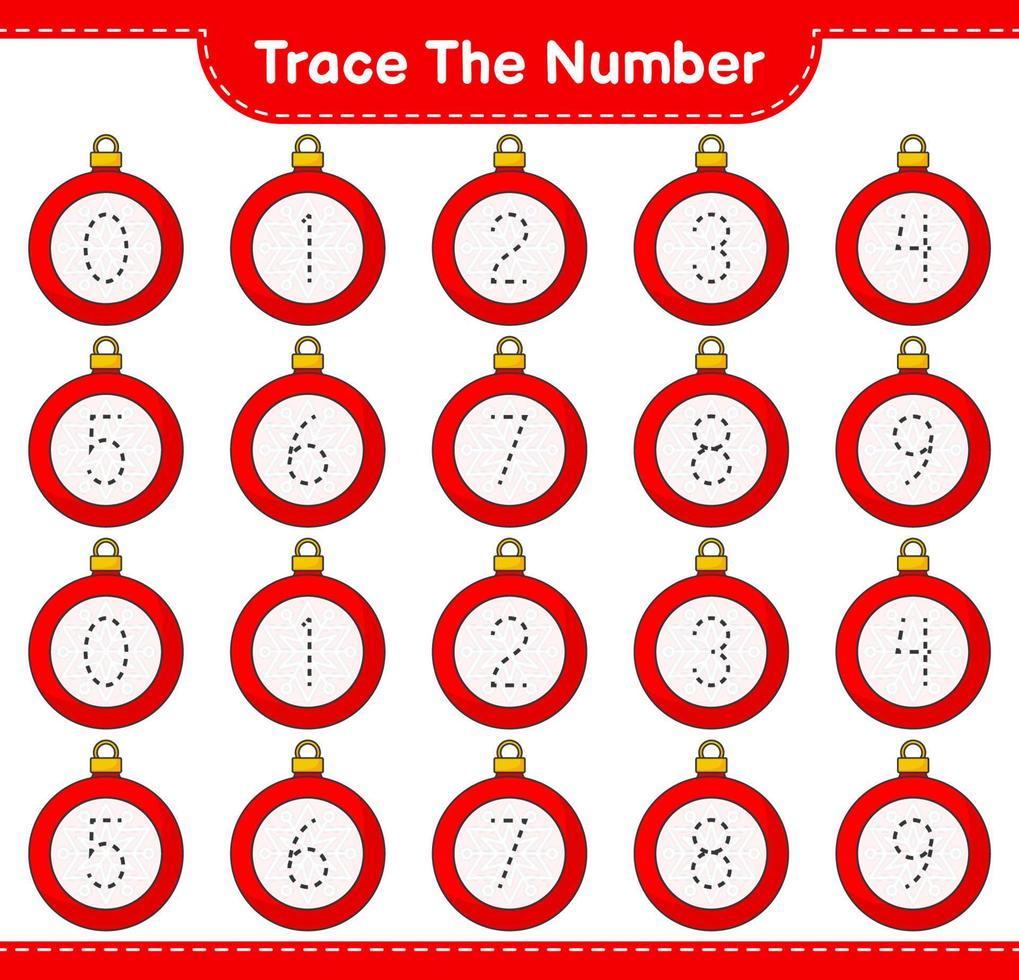 Trace the number. Tracing number with Christmas Ball. Educational children game, printable worksheet, vector illustration