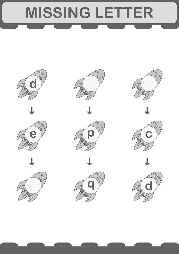 Missing letter with Rocket. Worksheet for kids vector