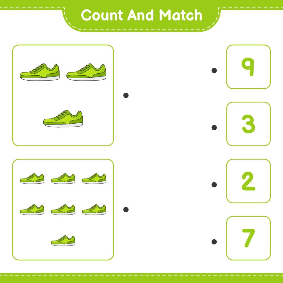 Count and match, count the number of Sneaker and match with the right numbers. Educational children game, printable worksheet, vector illustration