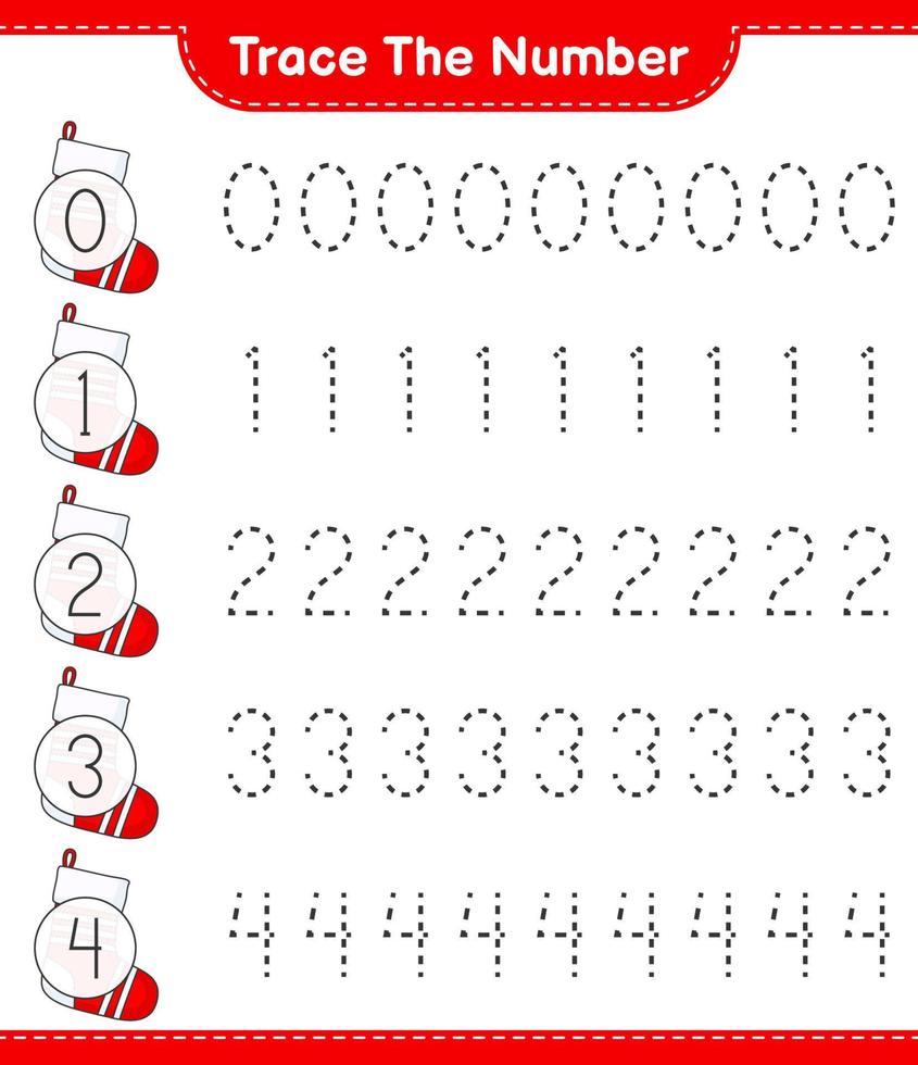 Trace the number. Tracing number with Christmas Sock. Educational children game, printable worksheet, vector illustration