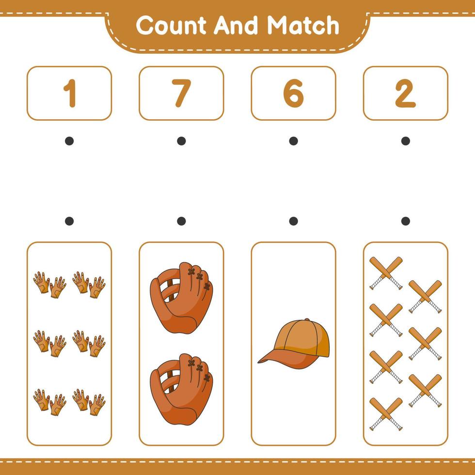 Count and match, count the number of Baseball Glove, Golf Gloves, Cap Hat, Baseball Bat and match with the right numbers. Educational children game, printable worksheet, vector illustration