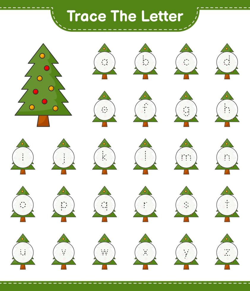 Trace the letter. Tracing letter alphabet with Christmas Tree. Educational children game, printable worksheet, vector illustration