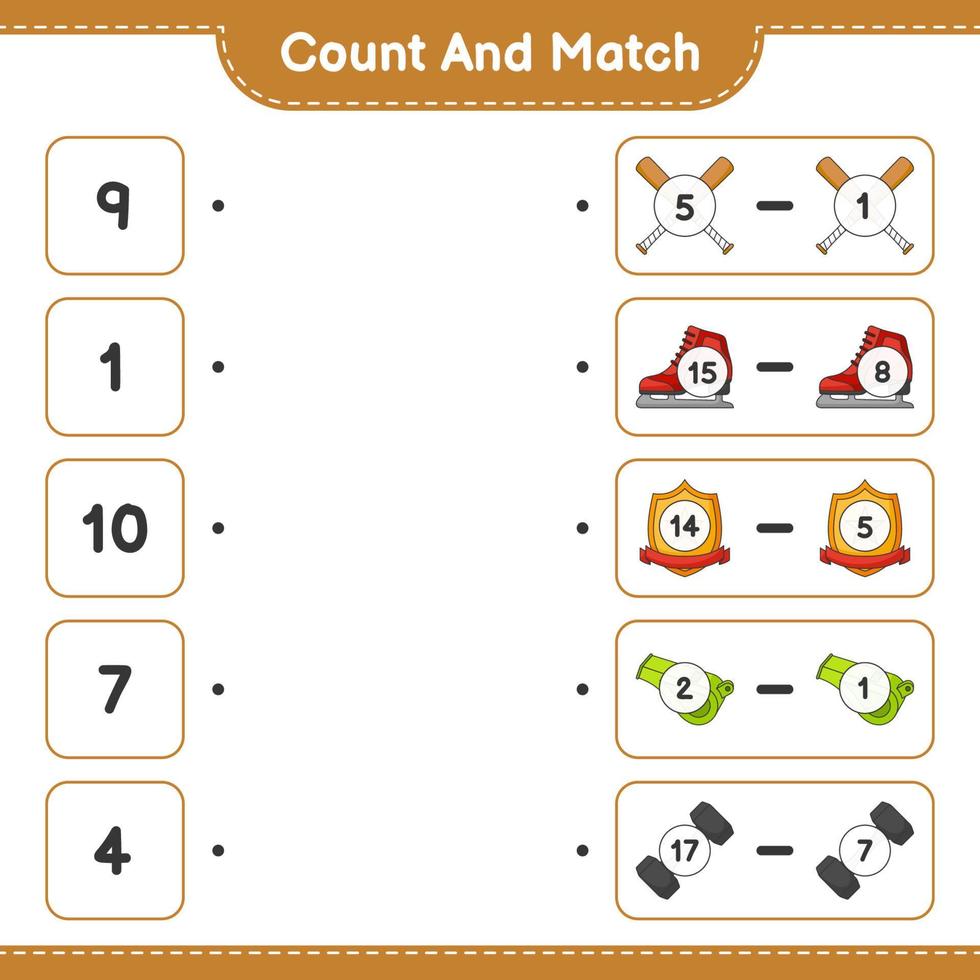 Count and match, count the number of Ice Skates, Whistle, Dumbbell, Baseball Bat, Trophy and match with the right numbers. Educational children game, printable worksheet, vector illustration