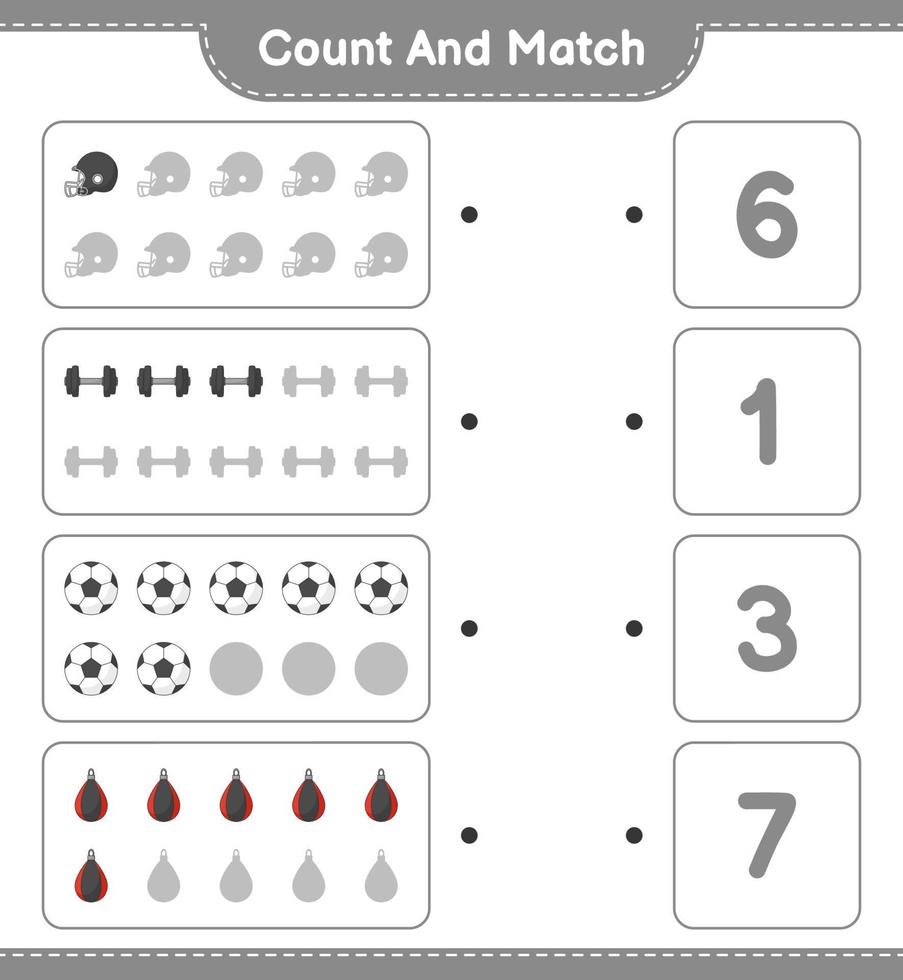 Count and match, count the number of Soccer Ball, Football Helmet, Dumbbell, Punching Bag and match with the right numbers. Educational children game, printable worksheet, vector illustration