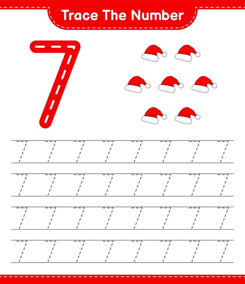 Trace the number. Tracing number with Santa Hat. Educational children game, printable worksheet, vector illustration