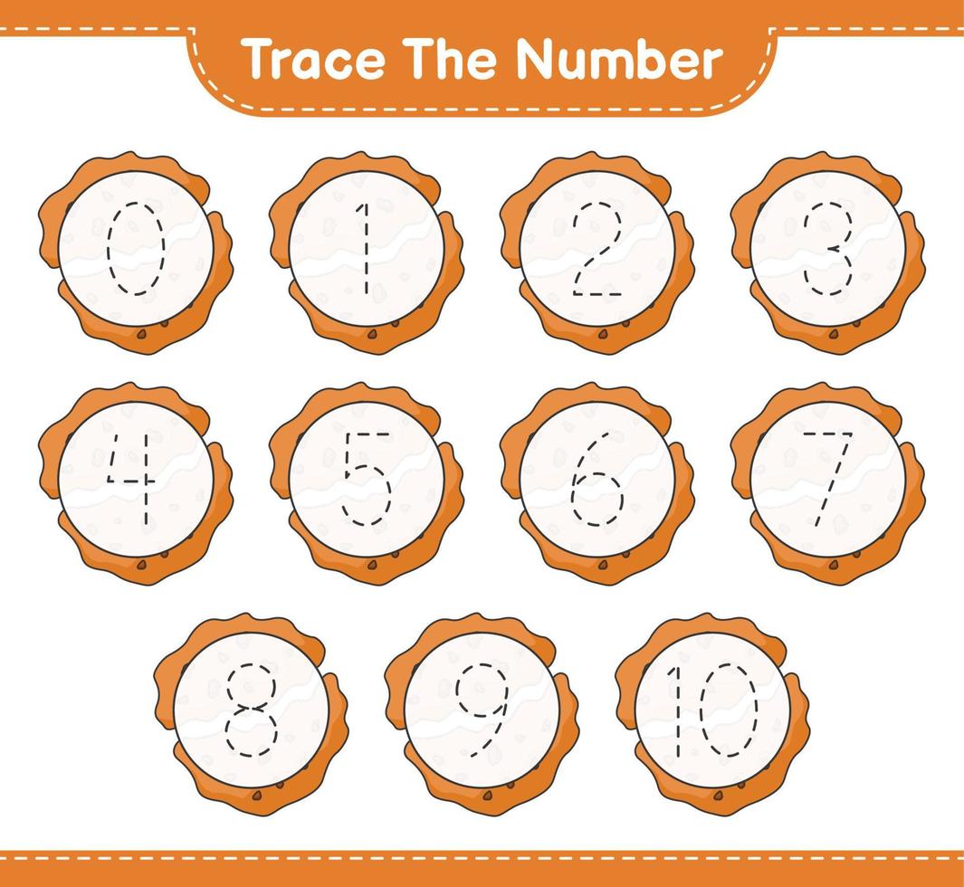 Trace the number. Tracing number with Cookie. Educational children game, printable worksheet, vector illustration