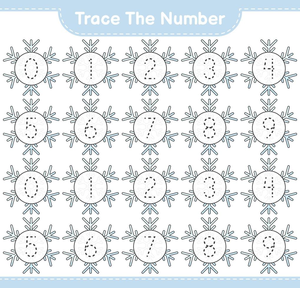 Trace the number. Tracing number with Snowflake. Educational children game, printable worksheet, vector illustration