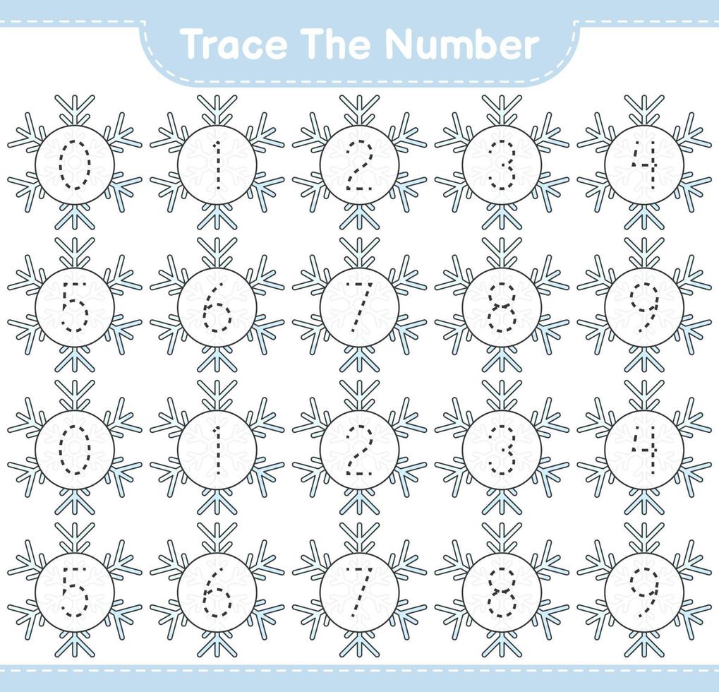 Trace the number. Tracing number with Snowflake. Educational children game, printable worksheet, vector illustration