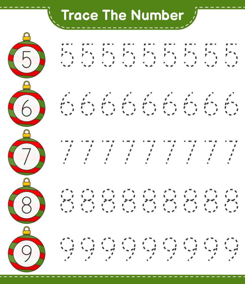 Trace the number. Tracing number with Christmas Ball. Educational children game, printable worksheet, vector illustration