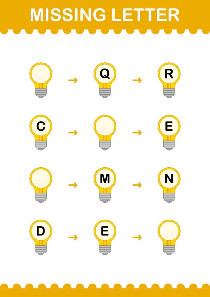 Missing letter with Bulb. Worksheet for kids vector