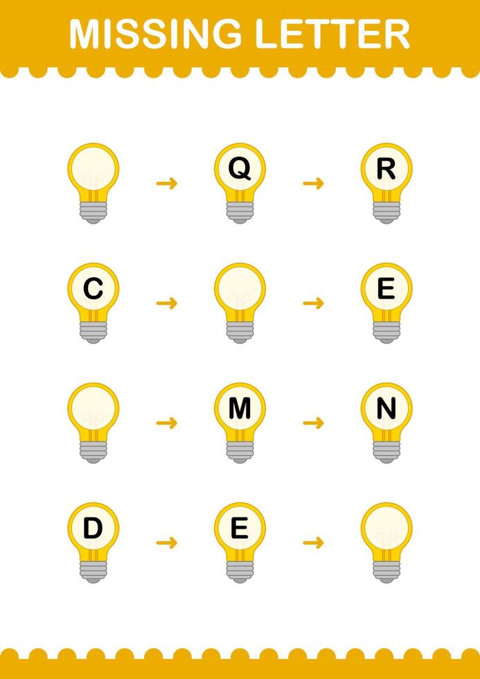 Missing letter with Bulb. Worksheet for kids vector