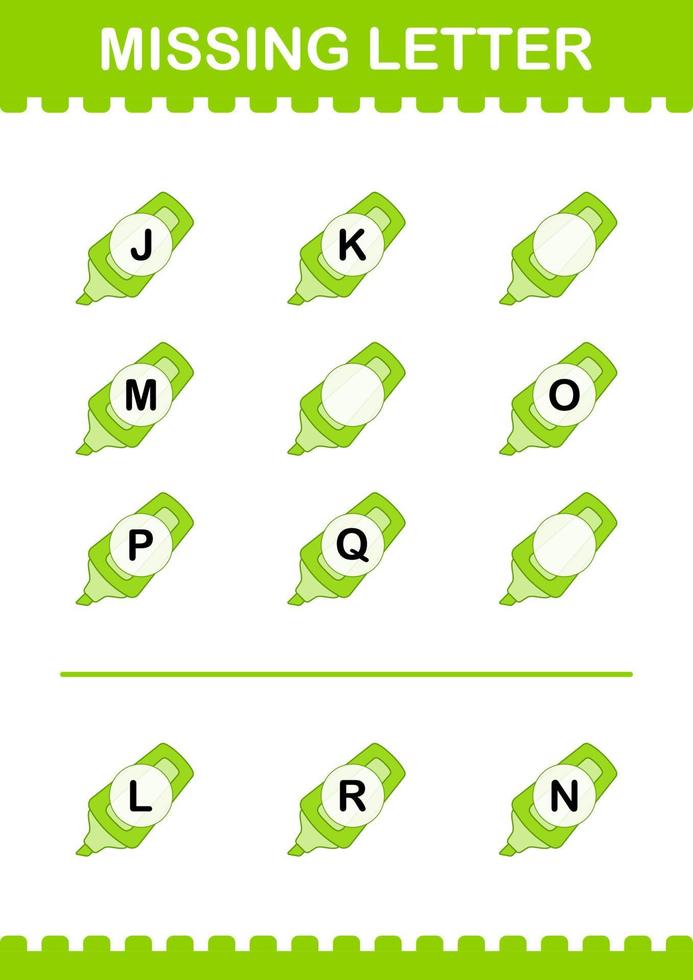 Missing letter with Marker. Worksheet for kids vector