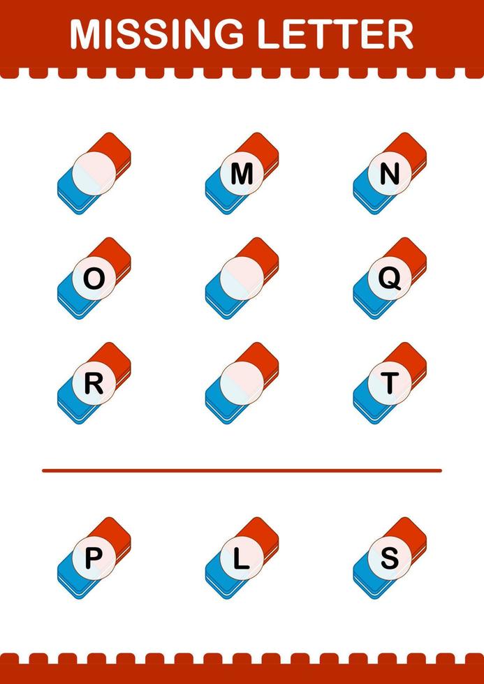 Missing letter with Eraser. Worksheet for kids vector