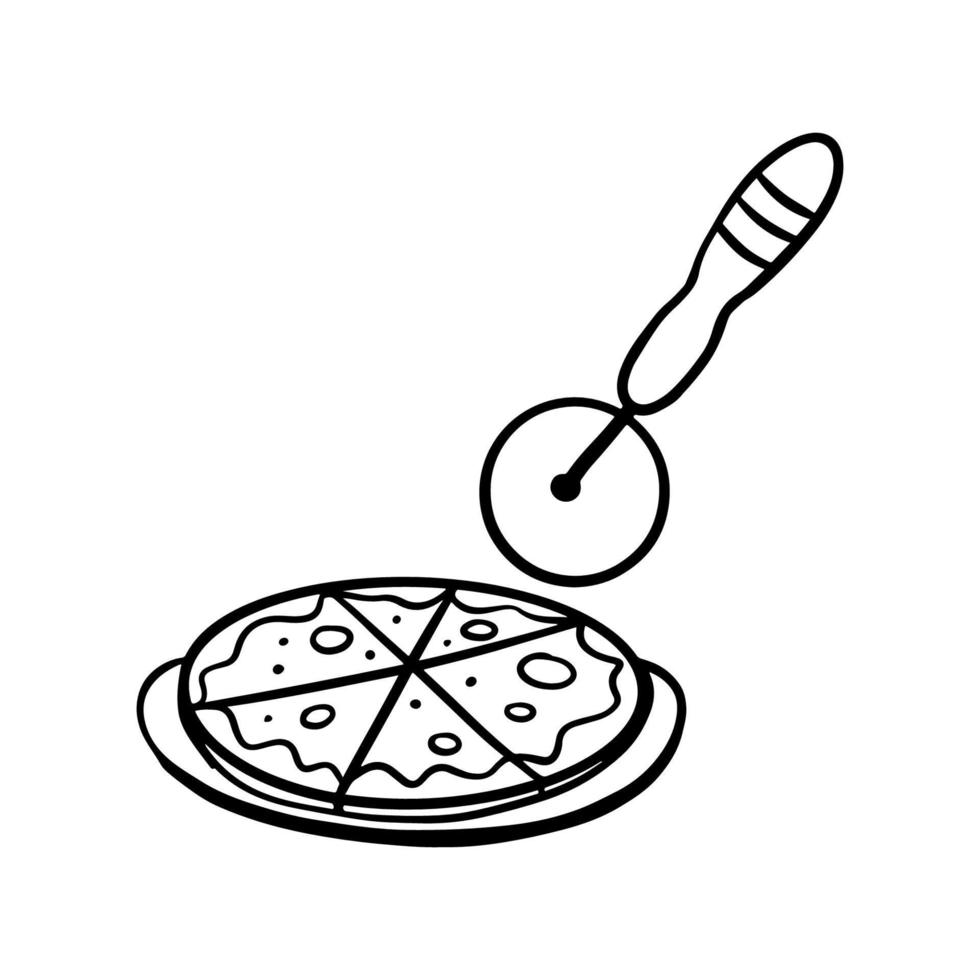 Pizza knife with pizza vector outline illustration