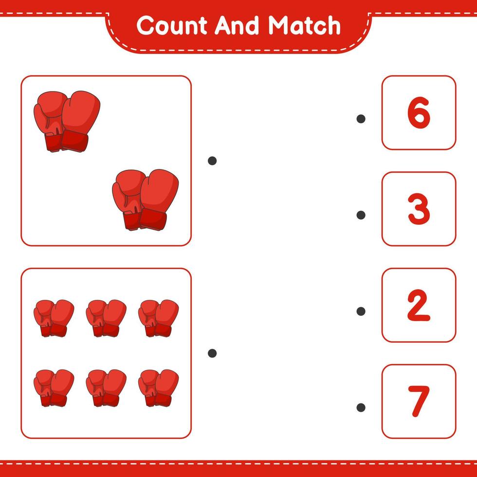 Count and match, count the number of Boxing Gloves and match with the right numbers. Educational children game, printable worksheet, vector illustration