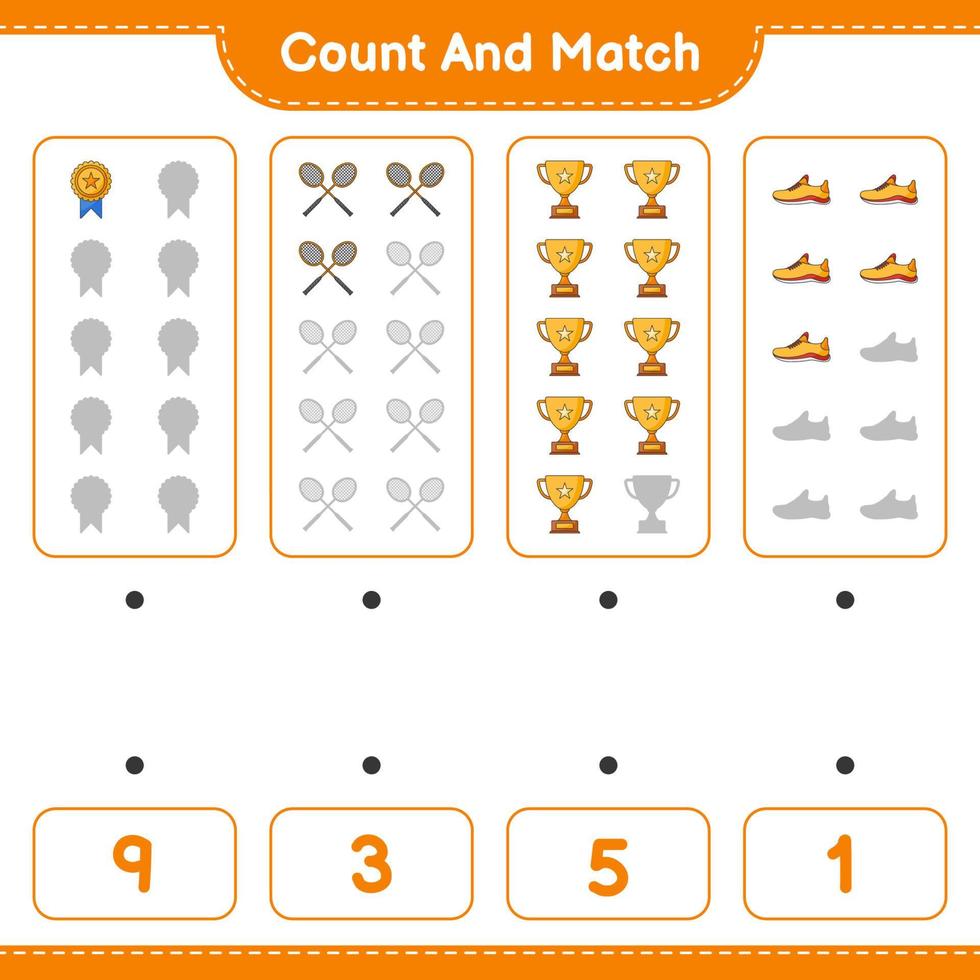 Count and match, count the number of Trophy, Running Shoes, Badminton Rackets and match with the right numbers. Educational children game, printable worksheet, vector illustration