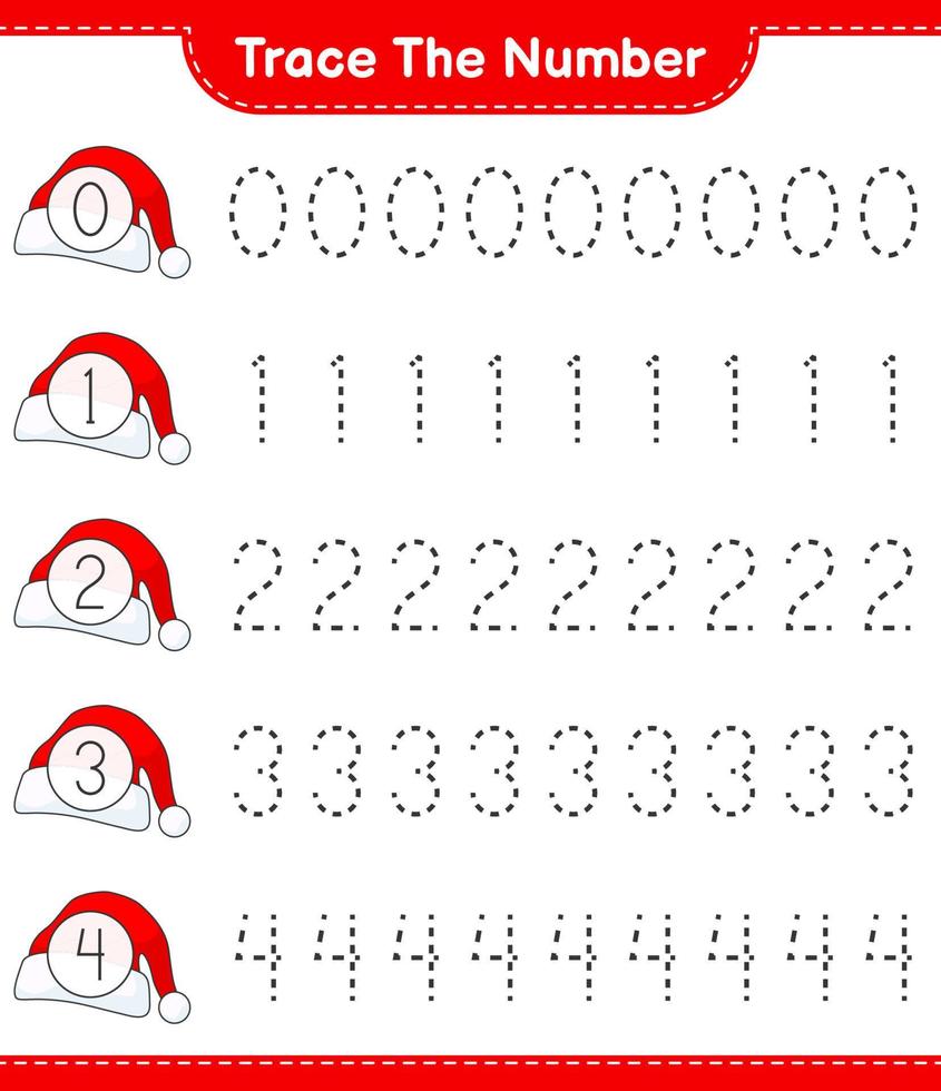 Trace the number. Tracing number with Santa Hat. Educational children game, printable worksheet, vector illustration