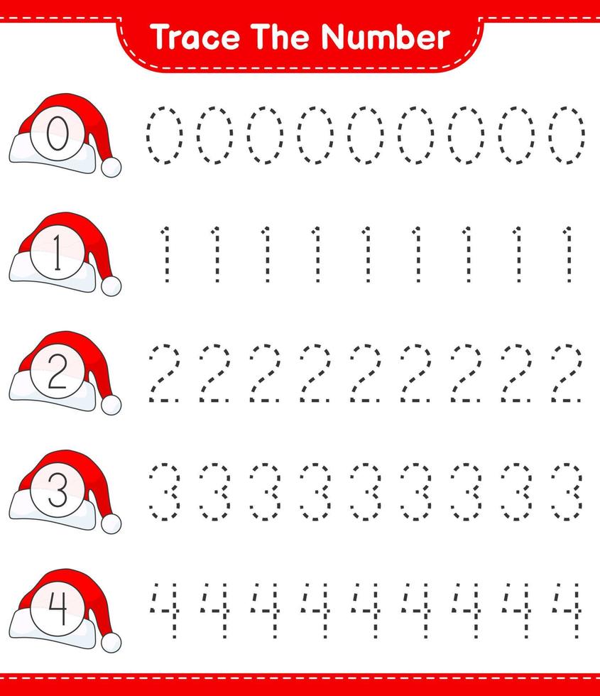 Trace the number. Tracing number with Santa Hat. Educational children game, printable worksheet, vector illustration