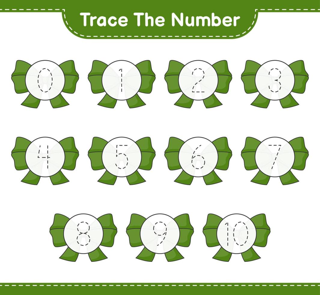 Trace the number. Tracing number with Ribbon. Educational children game, printable worksheet, vector illustration