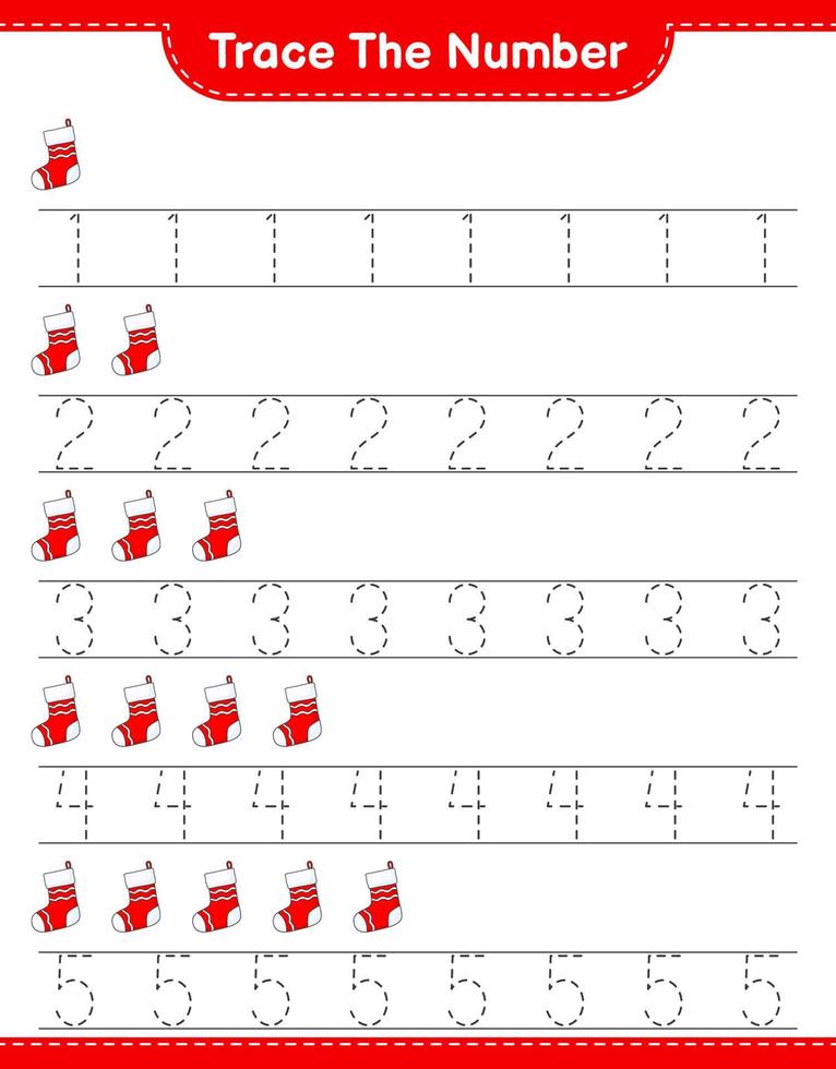 Trace the number. Tracing number with Christmas Sock. Educational children game, printable worksheet, vector illustration