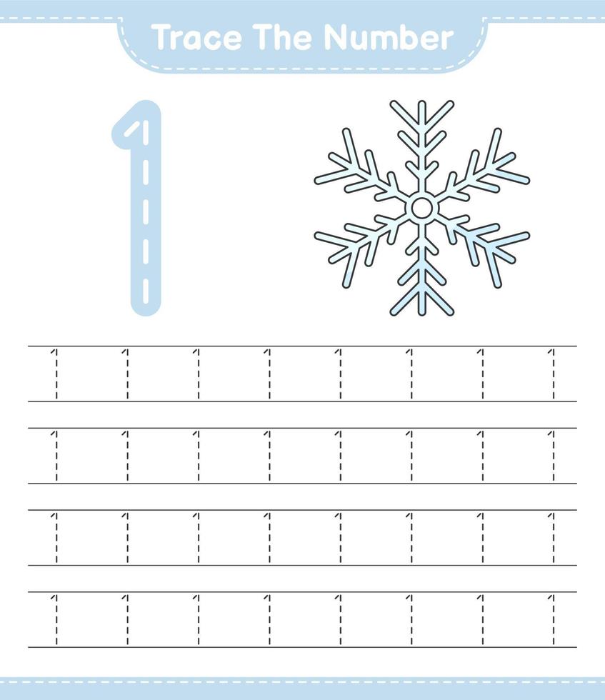 Trace the number. Tracing number with Snowflake. Educational children game, printable worksheet, vector illustration