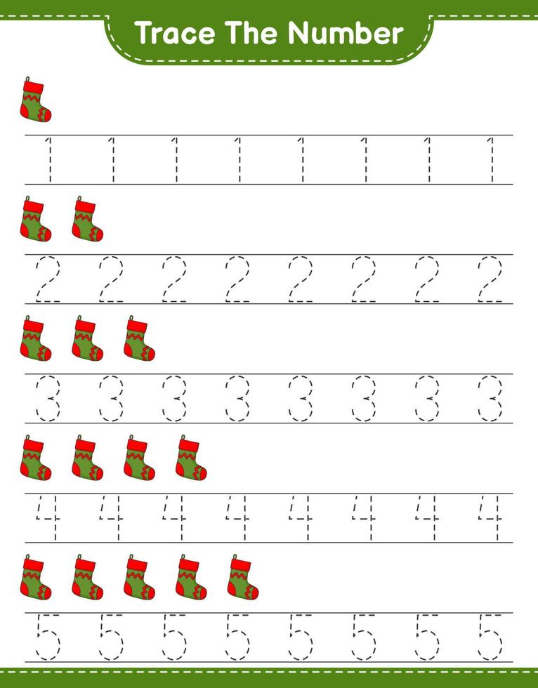 Trace the number. Tracing number with Christmas Sock. Educational children game, printable worksheet, vector illustration