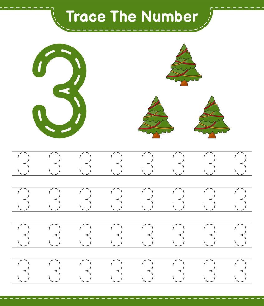 Trace the number. Tracing number with Christmas Tree. Educational children game, printable worksheet, vector illustration