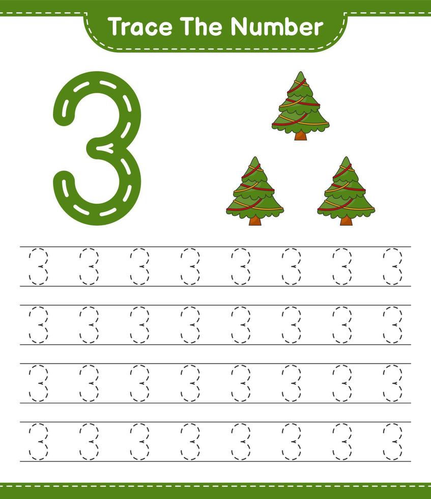 rastrear el número. número de rastreo con árbol de navidad. juego educativo para niños, hoja de cálculo imprimible, ilustración vectorial vector