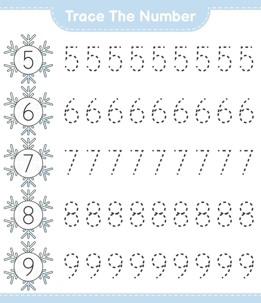 Trace the number. Tracing number with Snowflake. Educational children game, printable worksheet, vector illustration