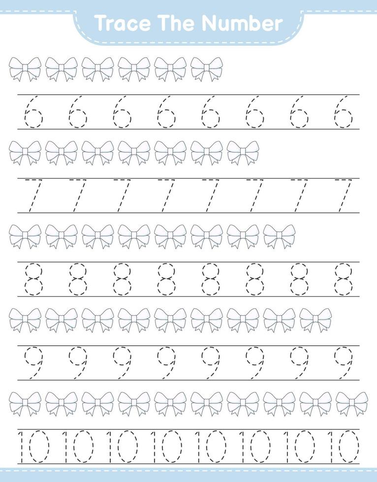 Trace the number. Tracing number with Ribbon. Educational children game, printable worksheet, vector illustration