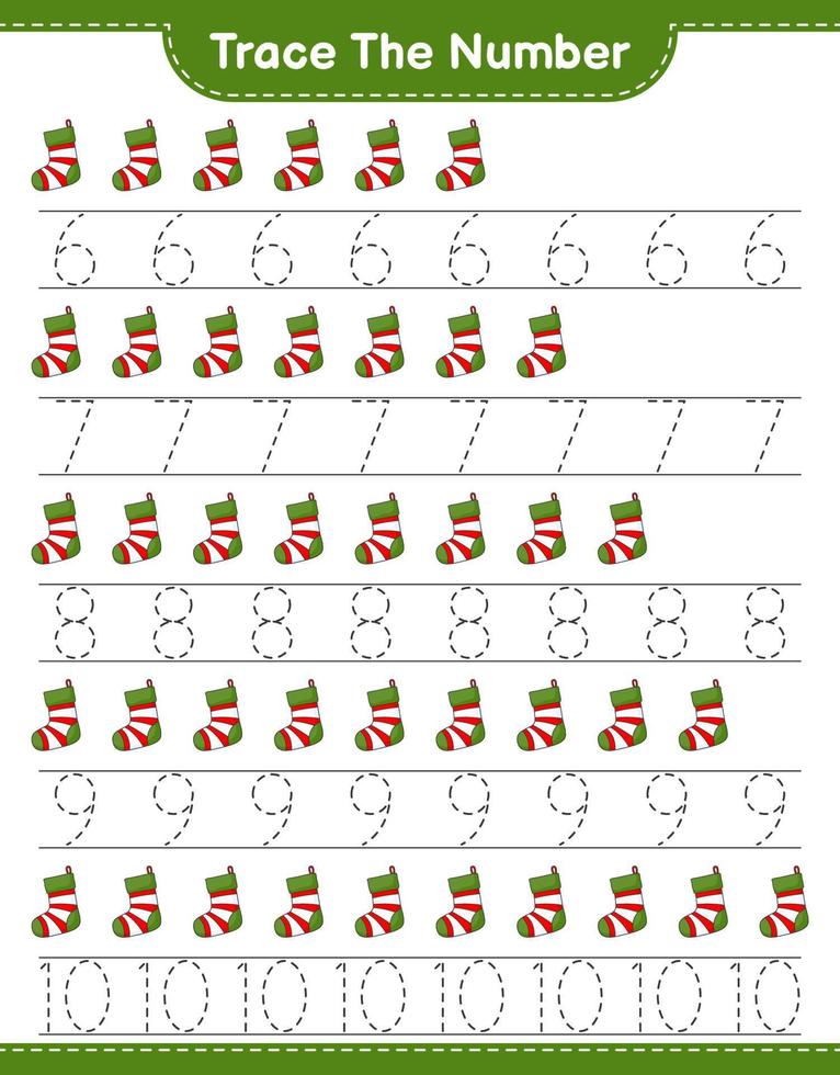 Trace the number. Tracing number with Christmas Sock. Educational children game, printable worksheet, vector illustration