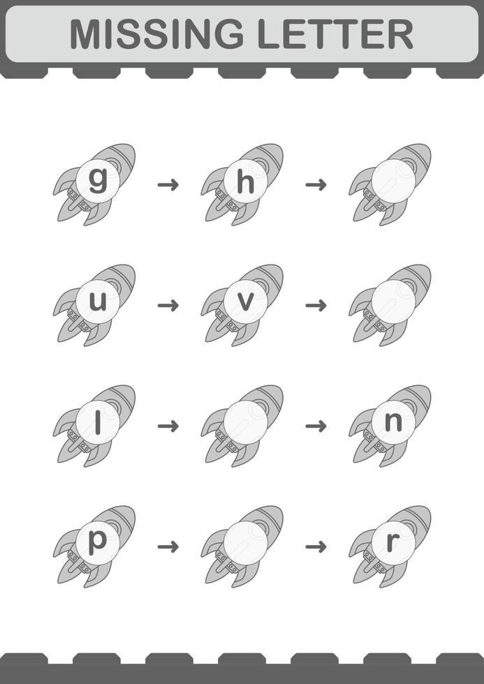 Missing letter with Rocket. Worksheet for kids vector